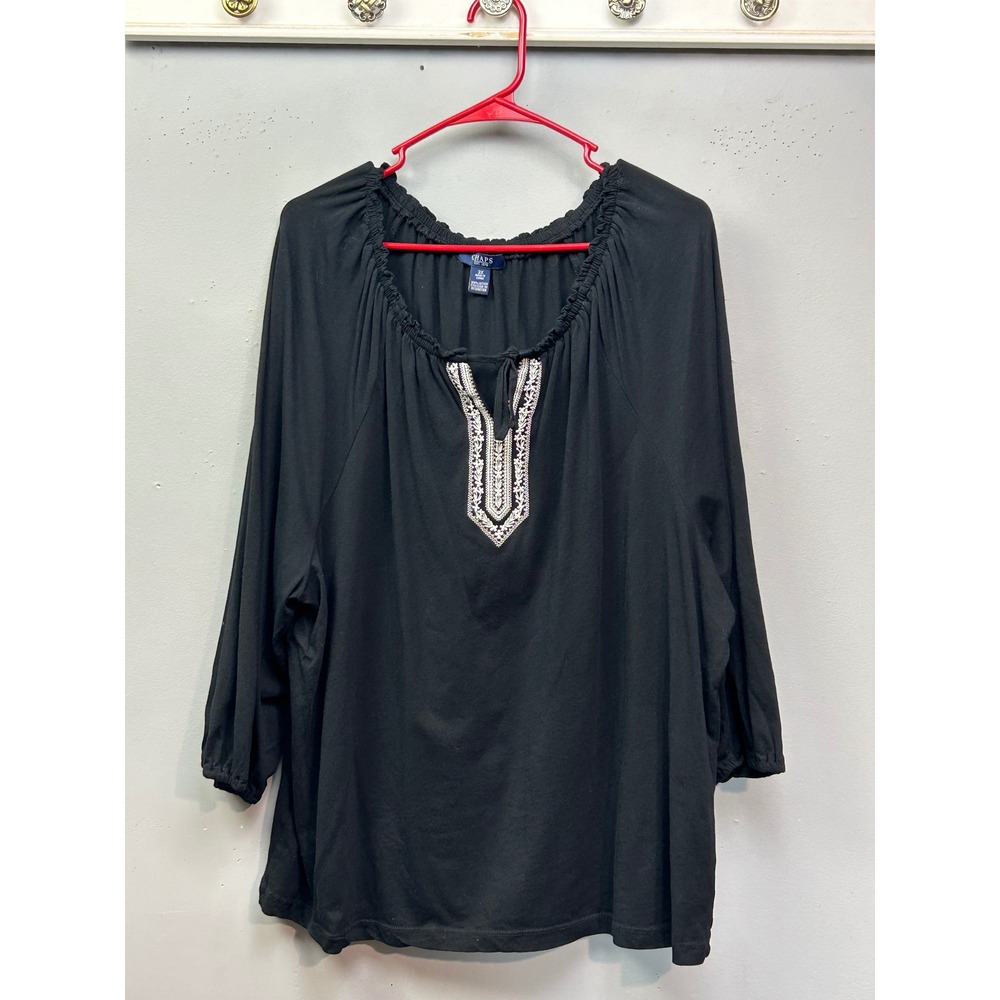 Chaps Blouse Women 3X Black Embroidered Bib‎ Peasant Long Sleeve Cotton Top